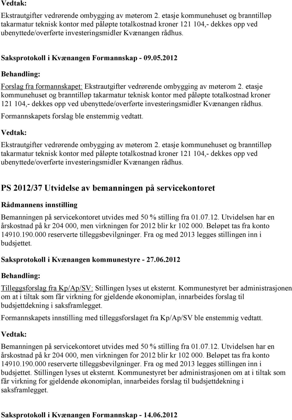 Saksprotokoll i Kvænangen Formannskap - 09.05.2012 Forslag fra formannskapet:   Formannskapets forslag ble enstemmig vedtatt.