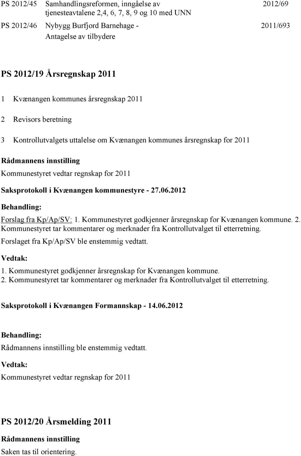 Kommunestyret godkjenner årsregnskap for Kvænangen kommune. 2. Kommunestyret tar kommentarer og merknader fra Kontrollutvalget til etterretning. Forslaget fra Kp/Ap/SV ble enstemmig vedtatt. 1.