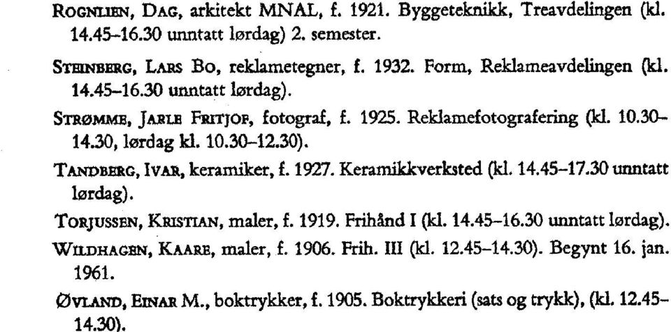 TANDBERG, IyAR, keraxniker, f. 1927. Keramikkverksted (ki. 14.4547.30 unntatt lørdag). TORJUSSEN, KRISTIAN,maler, f. 1919. Frihånd I (kl. 14.45-16.