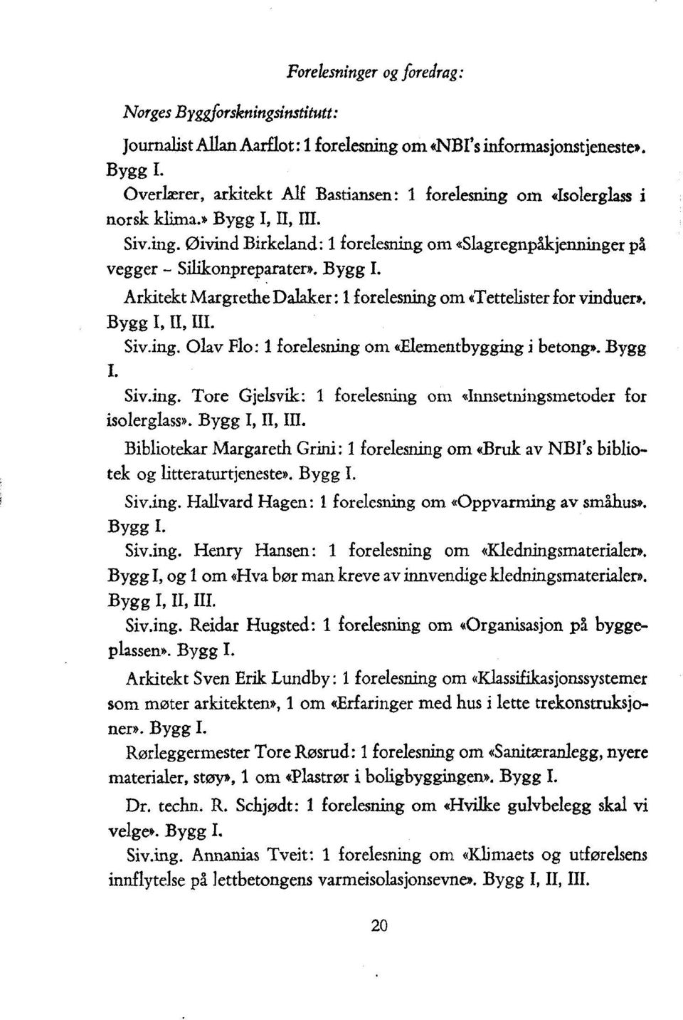 Arkitekt Margrethe Dalaker: 1 forelesning om «Tettelister for vinduer». Bygg I, II, III. Siv.ing. Olav Flo: 1 forelesning om «Elementbygging i betong». Bygg i. Siv.ing. Tore Gjelsvik: 1 forelesning om «Innsetningsmetoder for isolerglass».