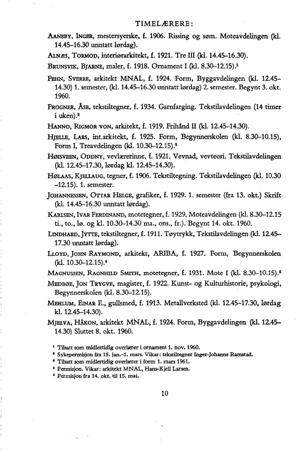 okt. 1960. FROGNER,Asz, tekstiltegner, f. 1934. Gamfarging. Tekstilavdelingen uken).5 HANNO, RIGMOR VON, arkitekt, f. 1919. Frihånd II (kl. 12.45-14.30). (kl (14 timer HjELLE, LARs, int.arkitekt, f. 1925.