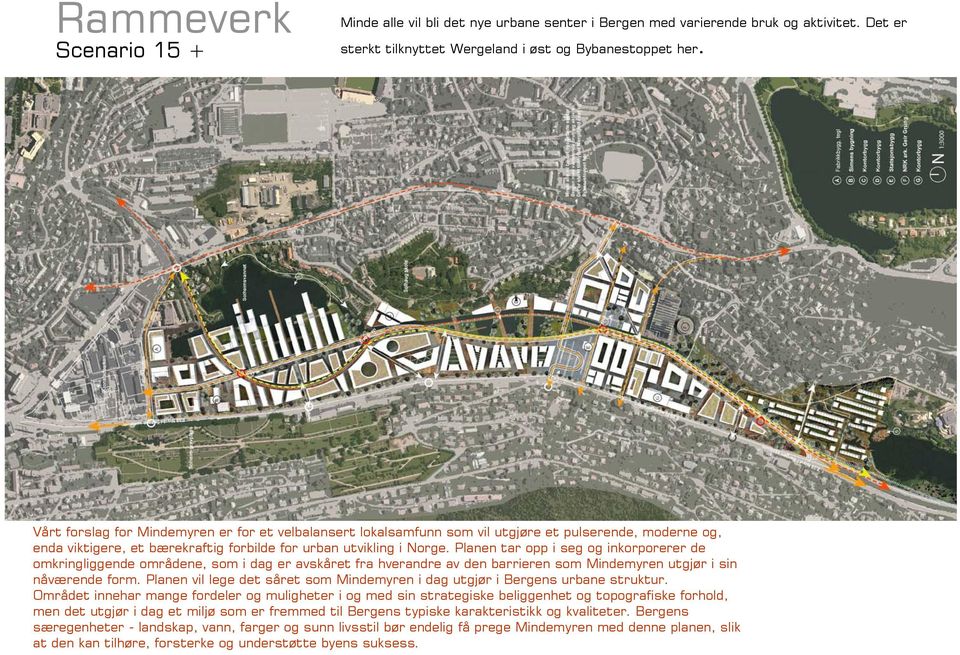 Planen tar opp i seg og inkorporerer de omkringliggende områdene, som i dag er avskåret fra hverandre av den barrieren som Mindemyren utgjør i sin nåværende form.