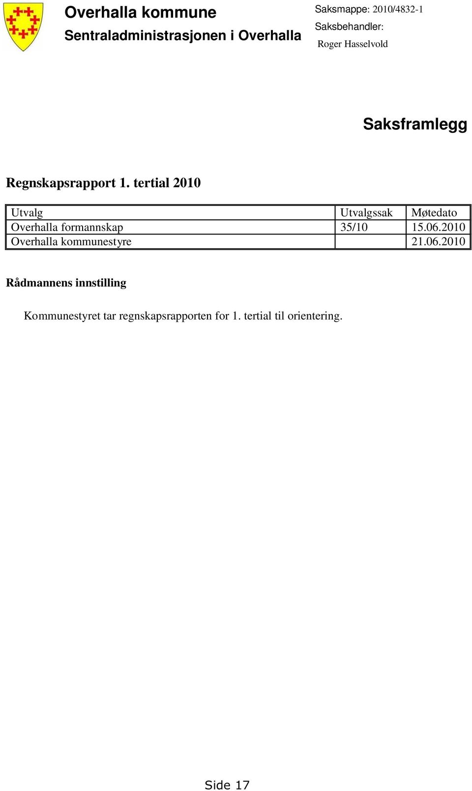 tertial 2010 Utvalg Utvalgssak Møtedato Overhalla formannskap 35/10 15.06.