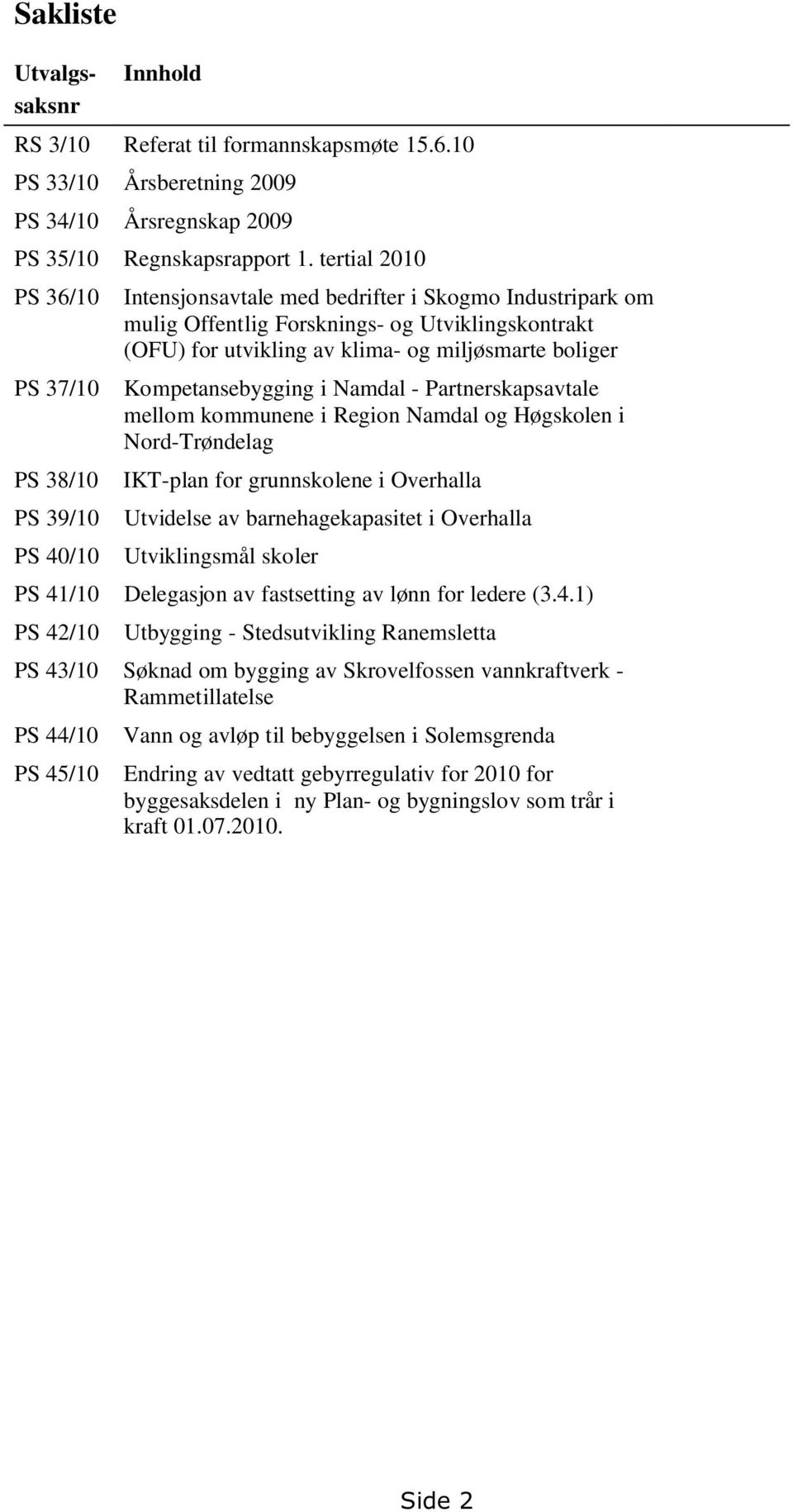 Kompetansebygging i Namdal - Partnerskapsavtale mellom kommunene i Region Namdal og Høgskolen i Nord-Trøndelag PS 38/10 IKT-plan for grunnskolene i Overhalla PS 39/10 Utvidelse av barnehagekapasitet