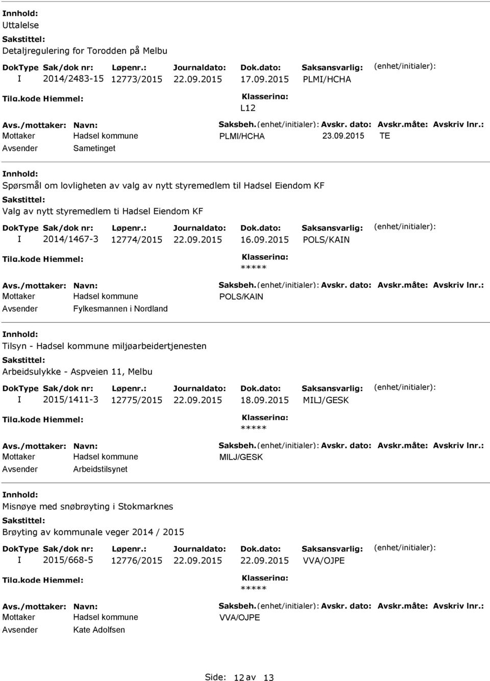 2015 TE Sametinget Spørsmål om lovligheten av valg av nytt styremedlem til Hadsel Eiendom KF Valg av nytt styremedlem ti Hadsel Eiendom KF 2014/1467-3