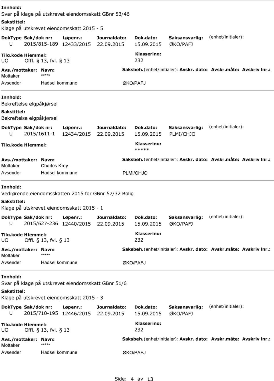 eiendomsskatten 2015 for GBnr 57/32 Bolig Klage på utskrevet eiendomsskatt 2015-1 2015/627-236 12440/2015 O Mottaker Svar på