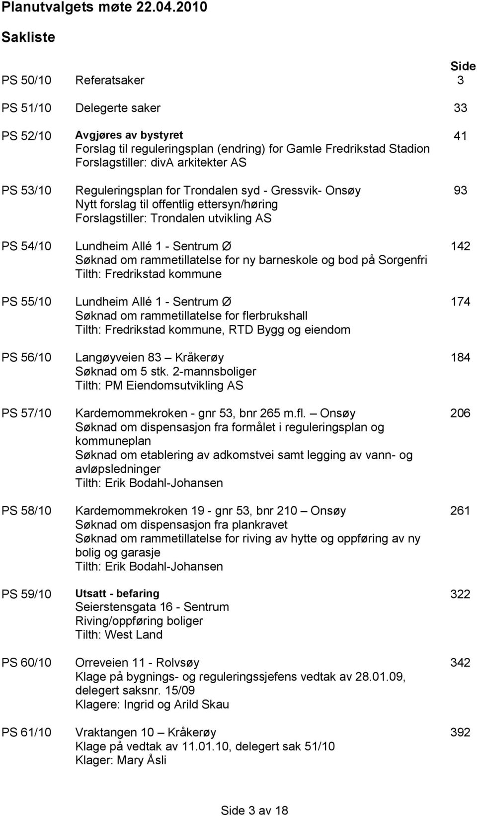 reguleringsplan (endring) for Gamle Fredrikstad Stadion Forslagstiller: diva arkitekter AS Reguleringsplan for Trondalen syd - Gressvik- Onsøy Nytt forslag til offentlig ettersyn/høring