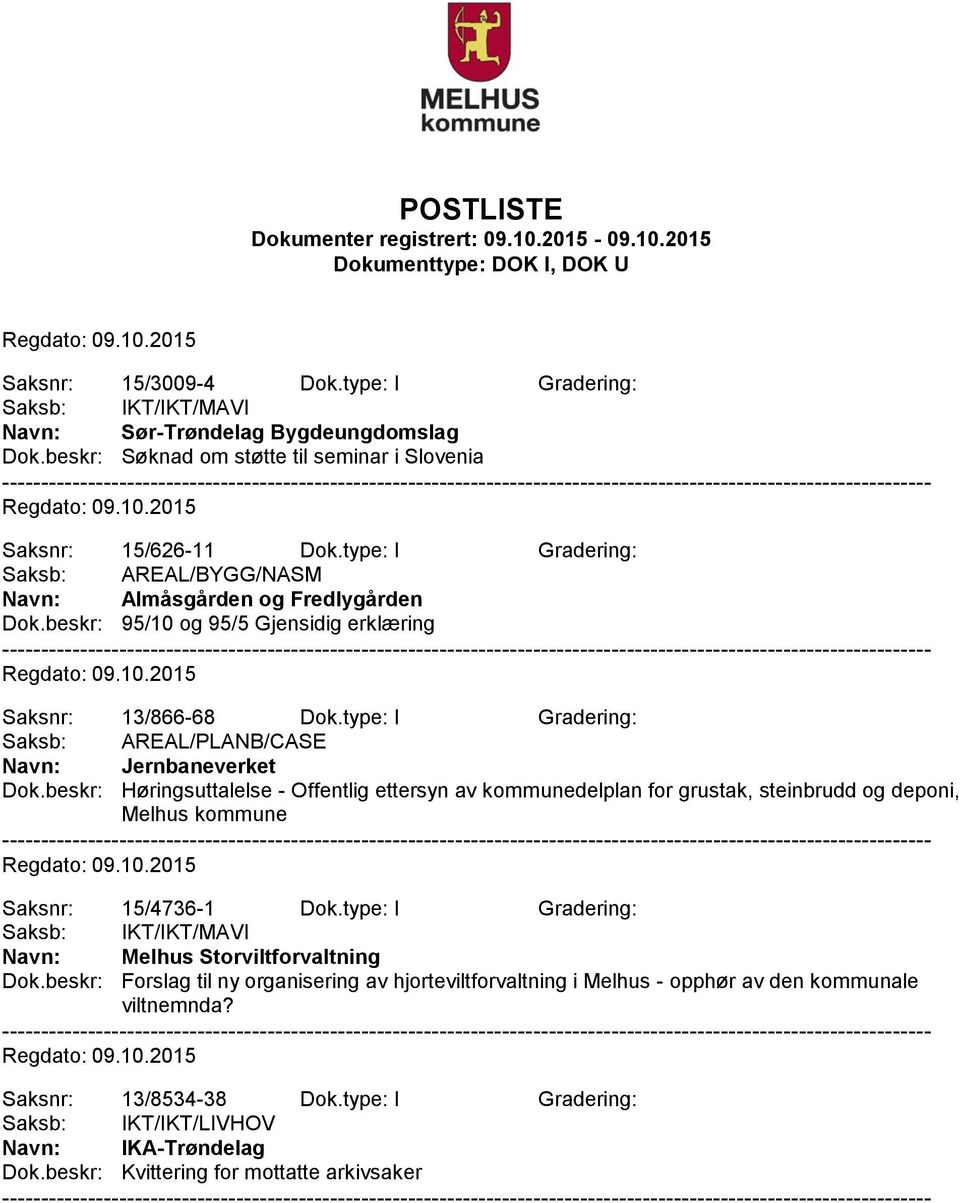 beskr: Høringsuttalelse - Offentlig ettersyn av kommunedelplan for grustak, steinbrudd og deponi, Melhus kommune Saksnr: 15/4736-1 Dok.type: I Gradering: Navn: Melhus Storviltforvaltning Dok.