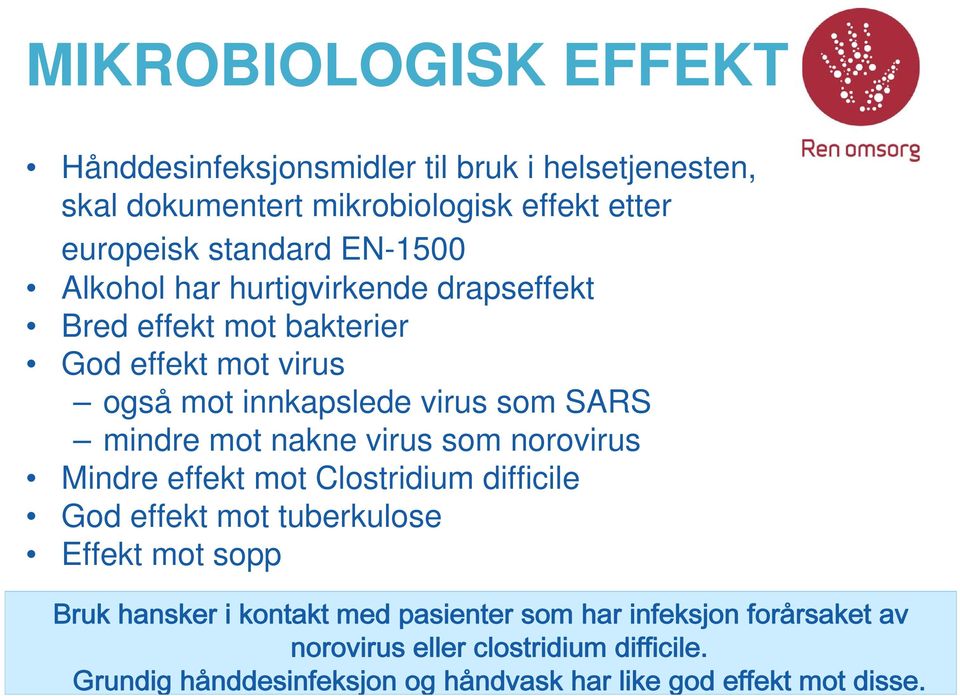 MIKROBIOLOGISK EFFEKT Hånddesinfeksjonsmidler til bruk i helsetjenesten, skal dokumentert mikrobiologisk effekt etter europeisk standard