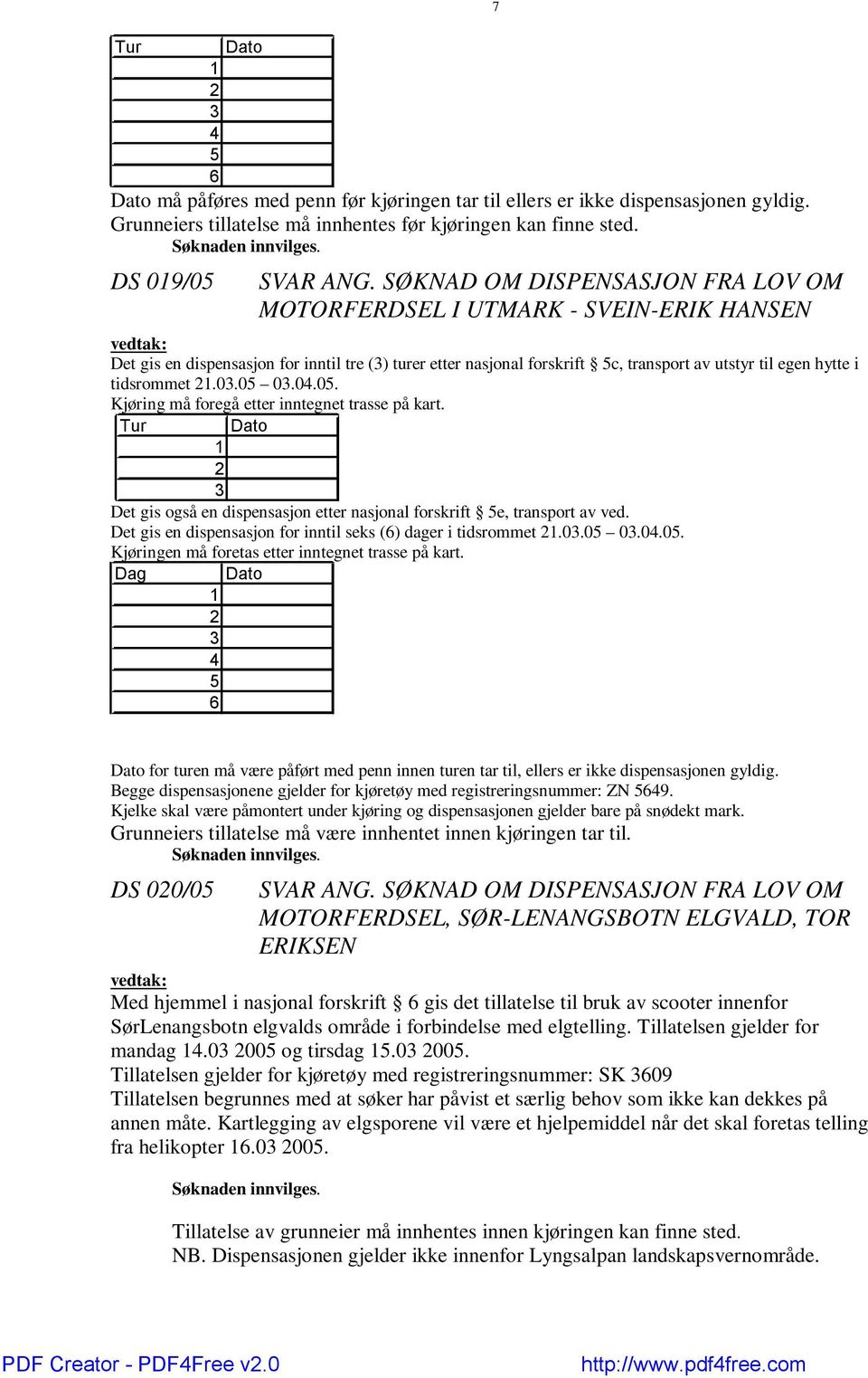 Tur Dato 1 2 3 Det gis også en dispensasjon etter nasjonal forskrift 5e, transport av ved. Det gis en dispensasjon for inntil seks (6) dager i tidsrommet 21.03.05 