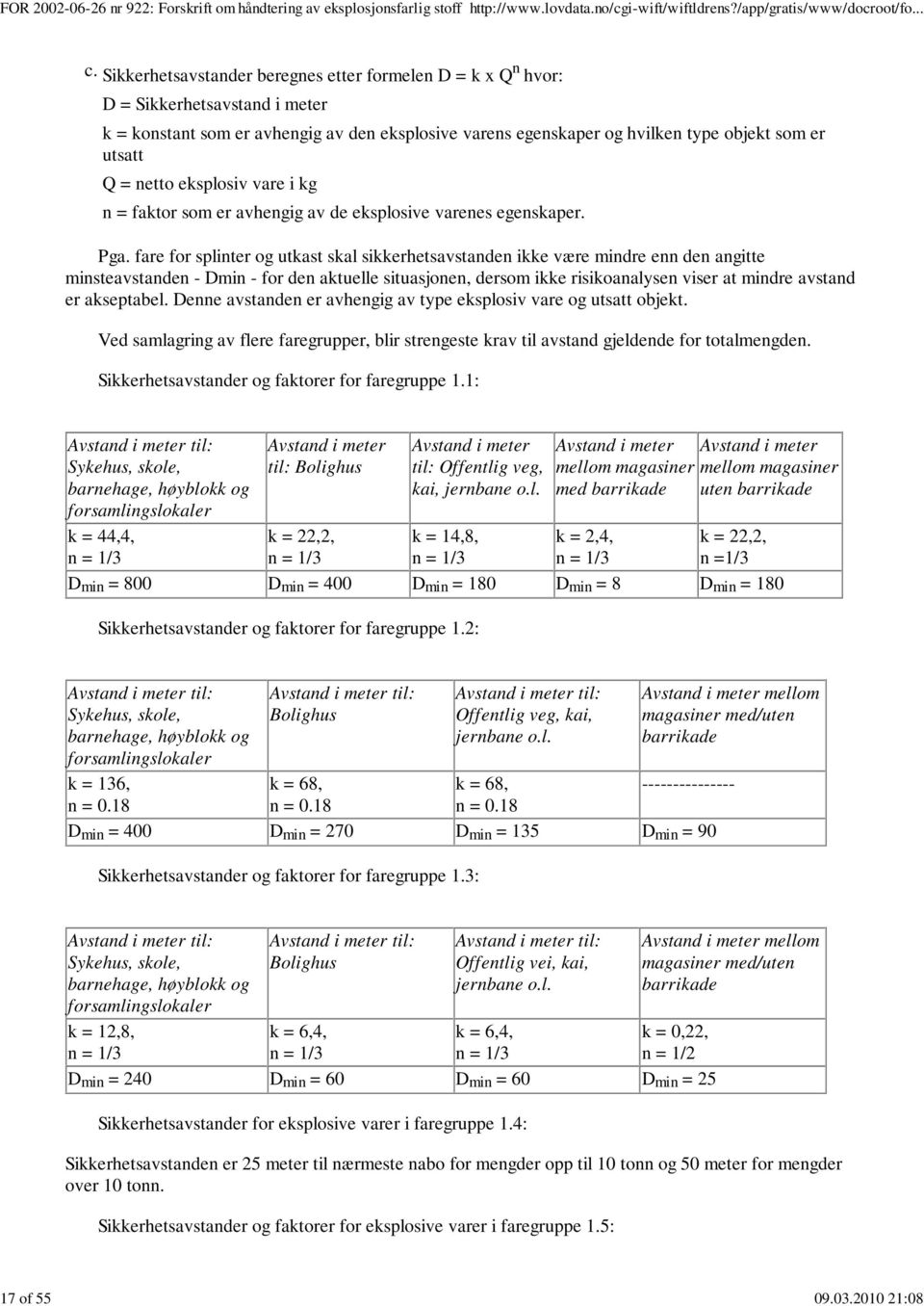 netto eksplosiv vare i kg n = faktor som er avhengig av de eksplosive varenes egenskaper. Pga.