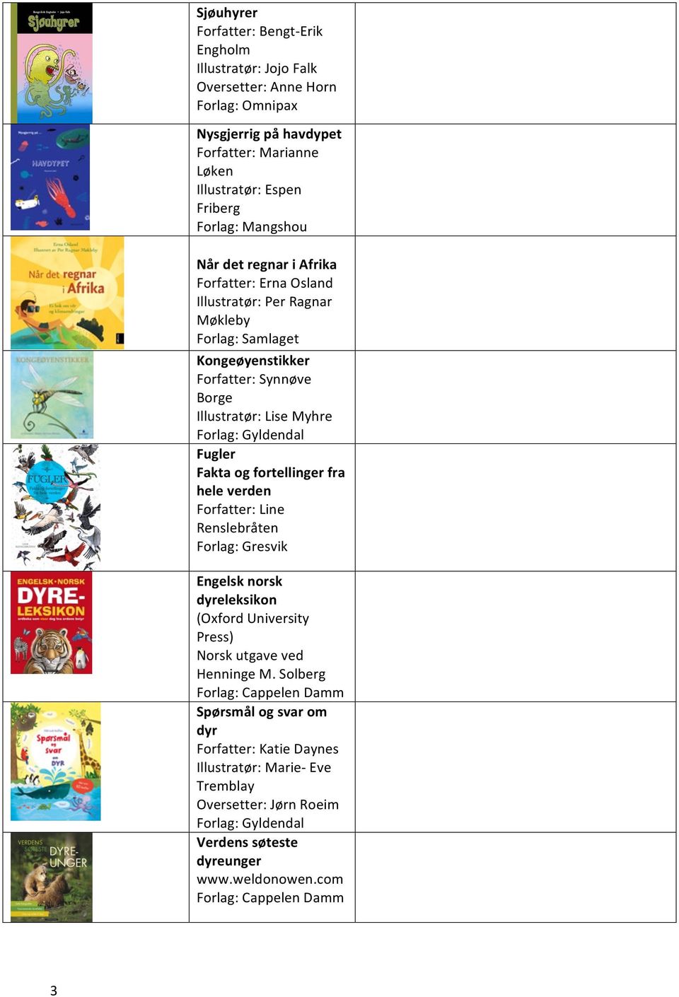 Illustratør: Lise Myhre Fugler Fakta og fortellinger fra hele verden Forfatter: Line Renslebråten Forlag: Gresvik Engelsk norsk dyreleksikon (Oxford University Press)