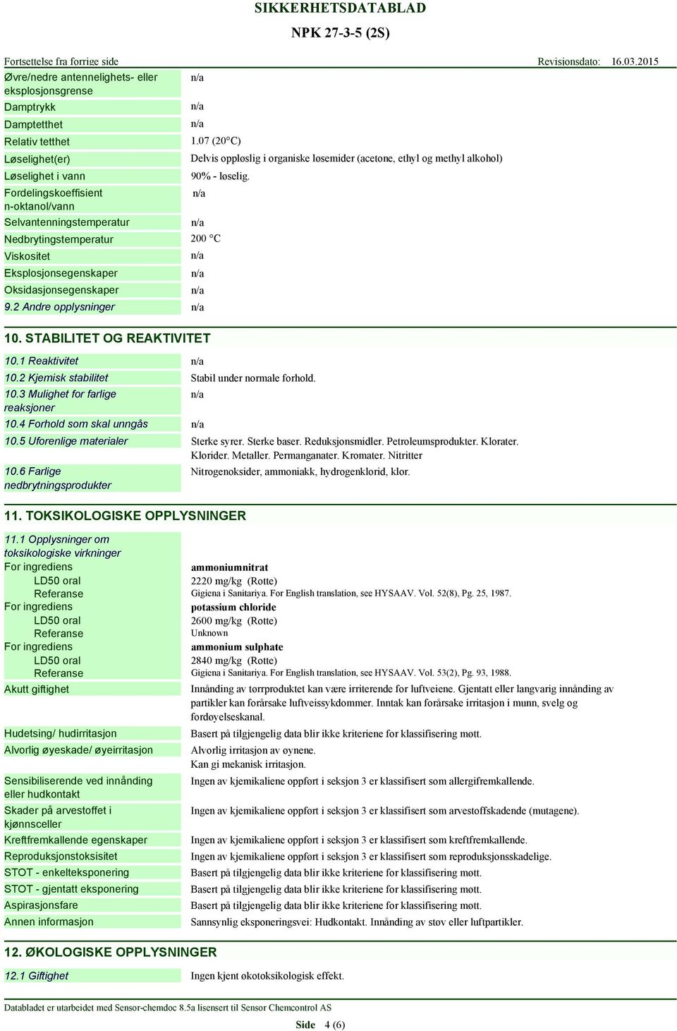 07 (20 C) Delvis oppløslig i organiske løsemider (acetone, ethyl og methyl alkohol) 90% - løselig. 200 C 9.2 Andre opplysninger 10. STABILITET OG REAKTIVITET 10.1 Reaktivitet 10.