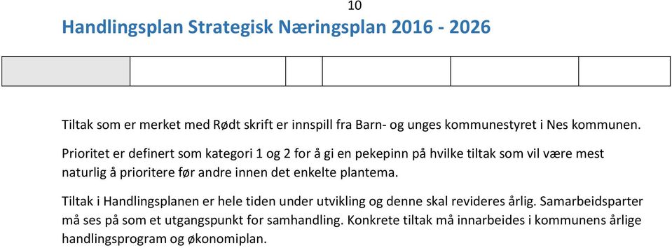 før andre innen det enkelte plantema. Tiltak i Handlingsplanen er hele tiden under utvikling og denne skal revideres årlig.