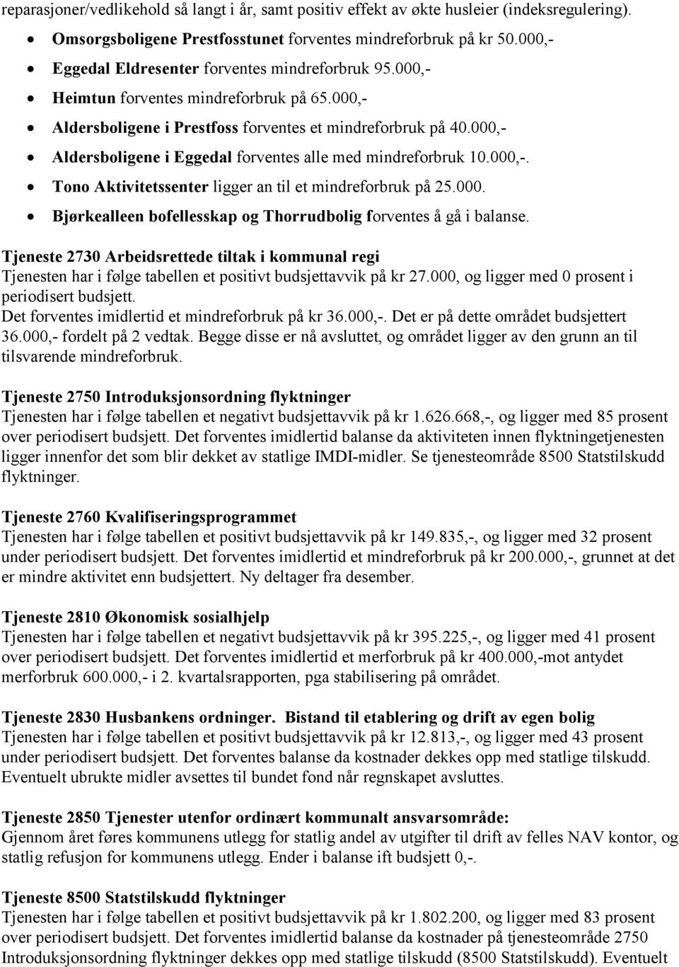 000,- Aldersboligene i Eggedal forventes alle med mindreforbruk 10.000,-. Tono Aktivitetssenter ligger an til et mindreforbruk på 25.000. Bjørkealleen bofellesskap og Thorrudbolig forventes å gå i balanse.