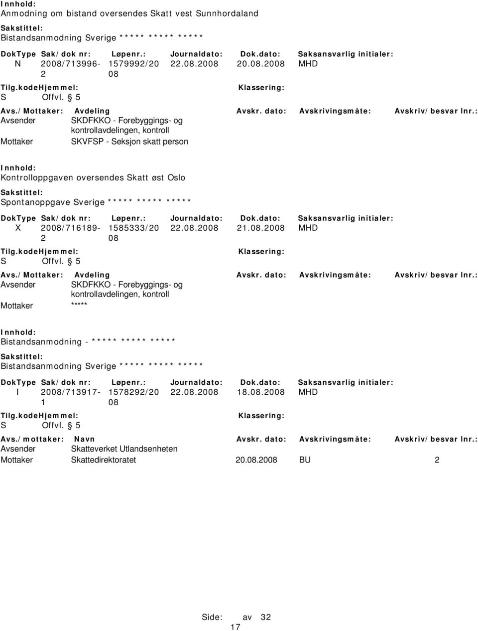 2008 20.08.2008 MHD Avsender SKDFKKO - Forebyggings- og kontrollavdelingen, kontroll Mottaker SKVFSP - Seksjon skatt person Kontrolloppgaven oversendes Skatt øst