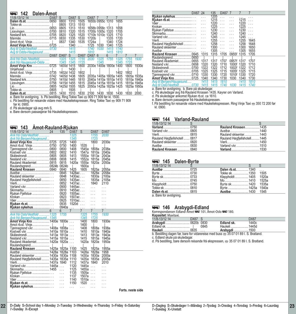 .. 0837 1340 1535 1724a 1340 1724 Åmot Vinje Kro...0725... 1340... 1725 1030 1340 1725 Avg til Oslo/Vestfold...0730 1415 1740 1030 1415 1740 Avg til Odda-Haugesund.