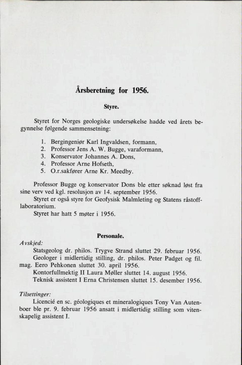 resolusjon av 14. september 1956. Styret er også styre for Geofysisk Malmleting og Statens råstoff laboratorium. Styret har hatt 5 møter i 1956. Personale. A vskjed: Statsgeolog dr. philos.