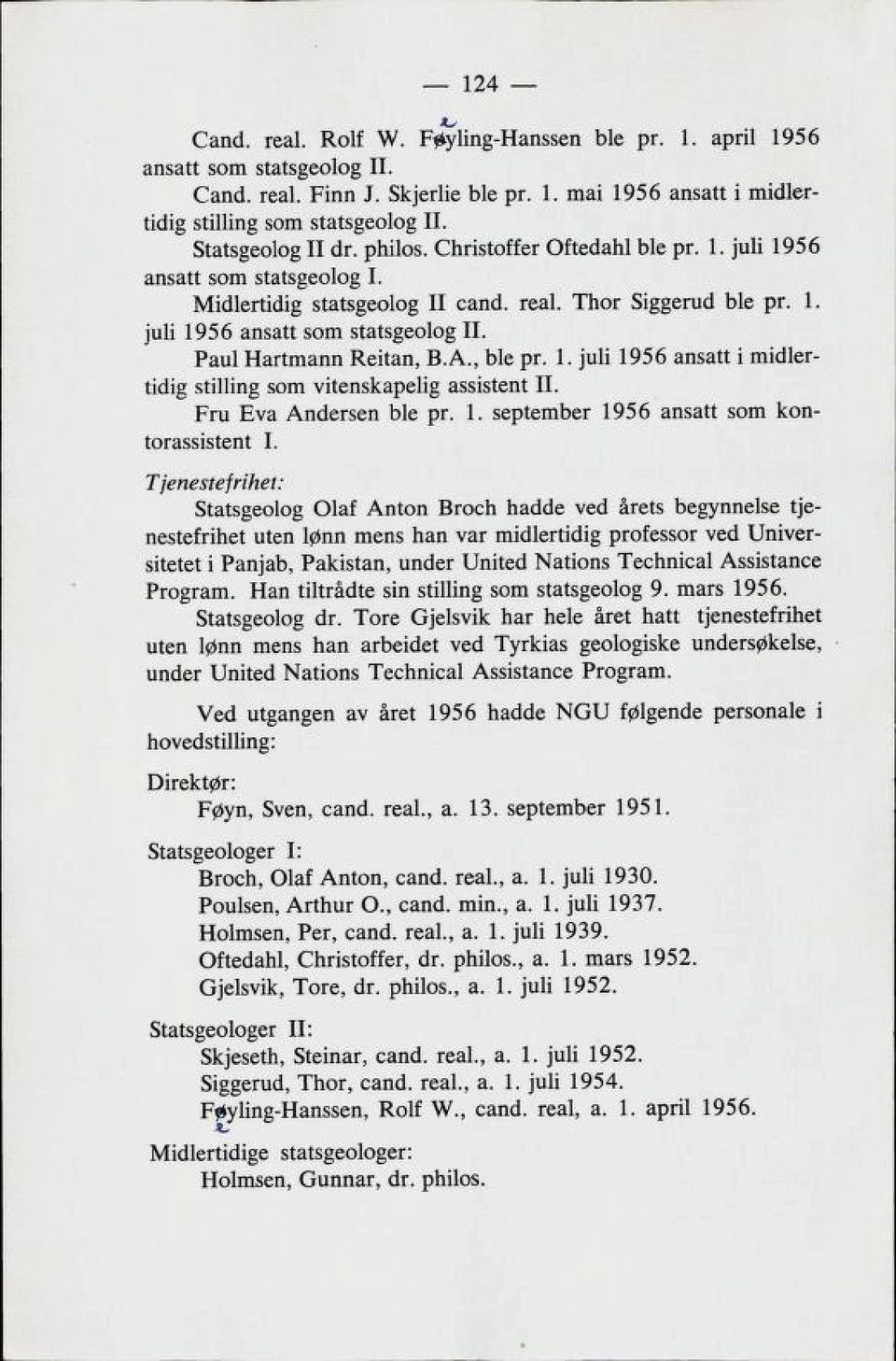 , ble pr. 1. juli 1956 ansatt i midler tidig stilling som vitenskapelig assistent 11. Fru Eva Andersen ble pr. 1. september 1956 ansatt som kon torassistent I.