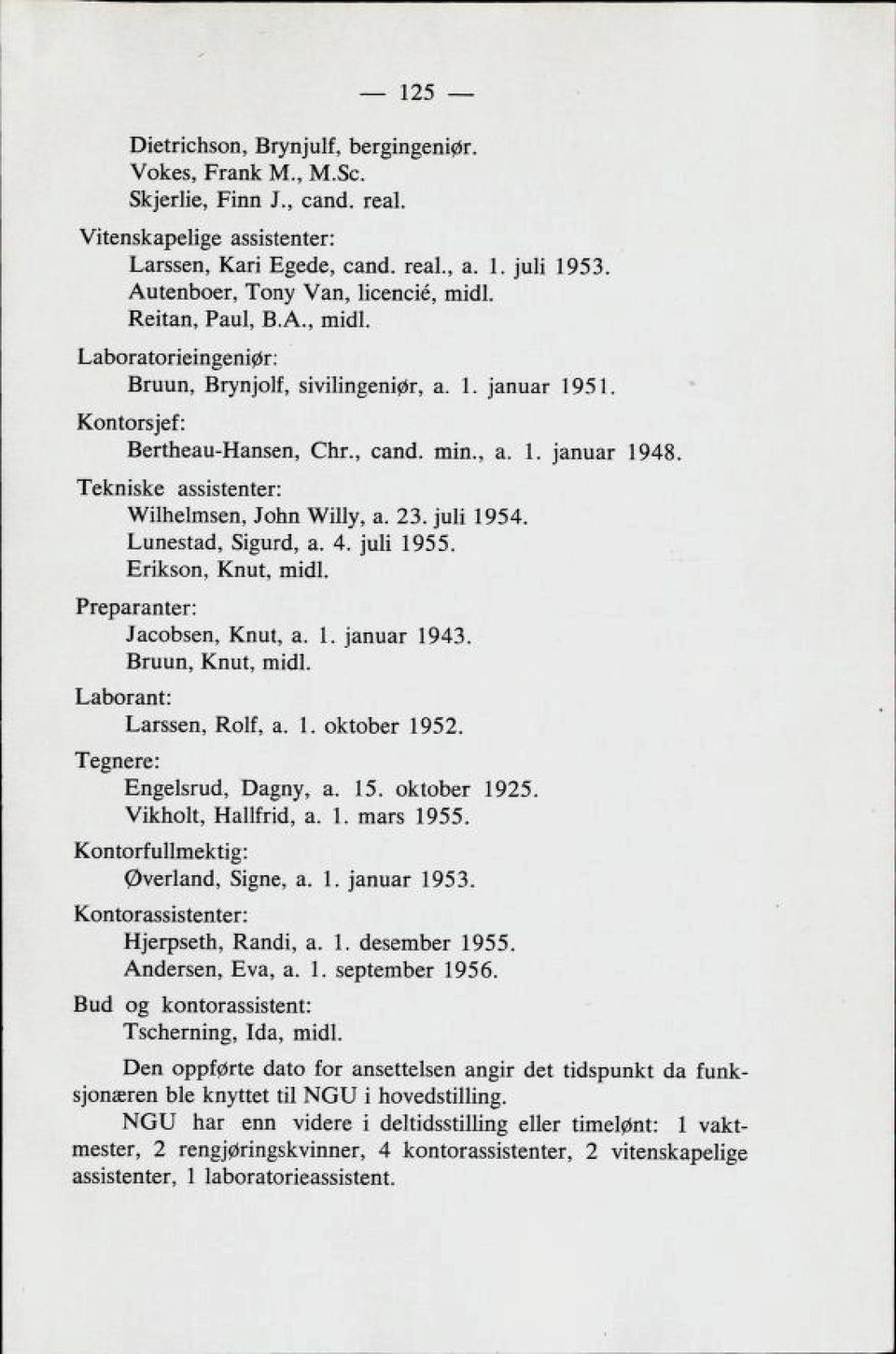 Tekniske assistenter: Wilhelmsen, John Willy, a. 23 juli 1954. Lunestad, Sigurd, a. 4. juli 1955. Erikson, Knut, midl. Preparanter: Jacobsen, Knut, a. 1. januar 1943. Bruun, Knut, midl.