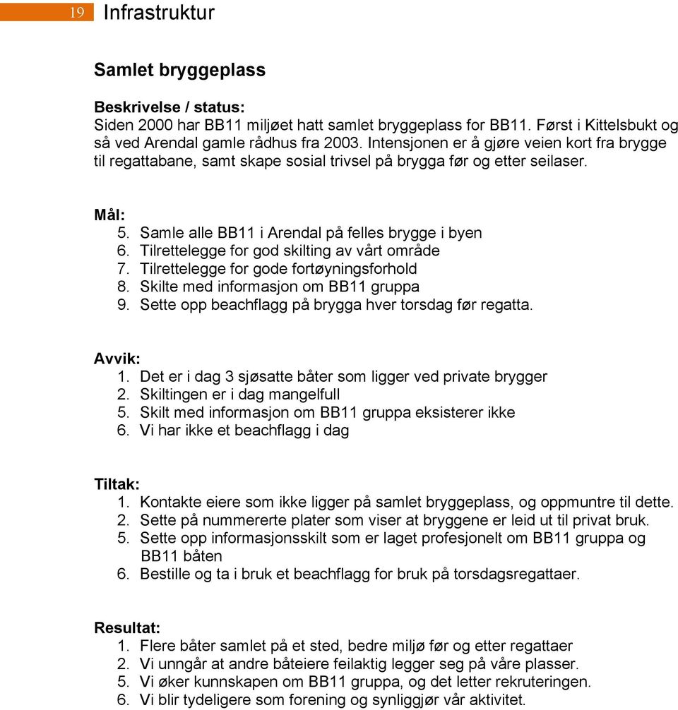 Tilrettelegge for god skilting av vårt område 7. Tilrettelegge for gode fortøyningsforhold 8. Skilte med informasjon om BB11 gruppa 9. Sette opp beachflagg på brygga hver torsdag før regatta. 1.