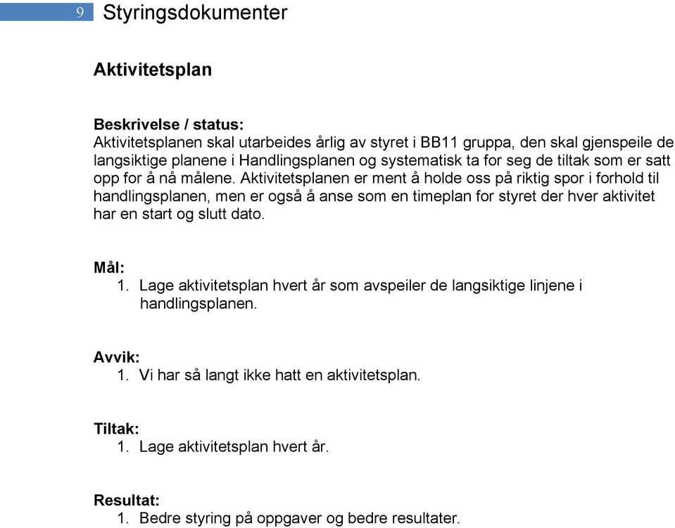 Aktivitetsplanen er ment å holde oss på riktig spor i forhold til handlingsplanen, men er også å anse som en timeplan for styret der hver aktivitet har en