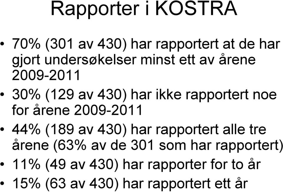 2009-2011 44% (189 av 430) har rapportert alle tre årene (63% av de 301 som har