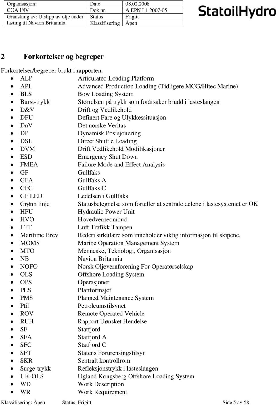 Drift Vedlikehold Modifikasjoner ESD Emergency Shut Down FMEA Failure Mode and Effect Analysis GF Gullfaks GFA Gullfaks A GFC Gullfaks C GF LED Ledelsen i Gullfaks Grønn linje Statusbetegnelse som