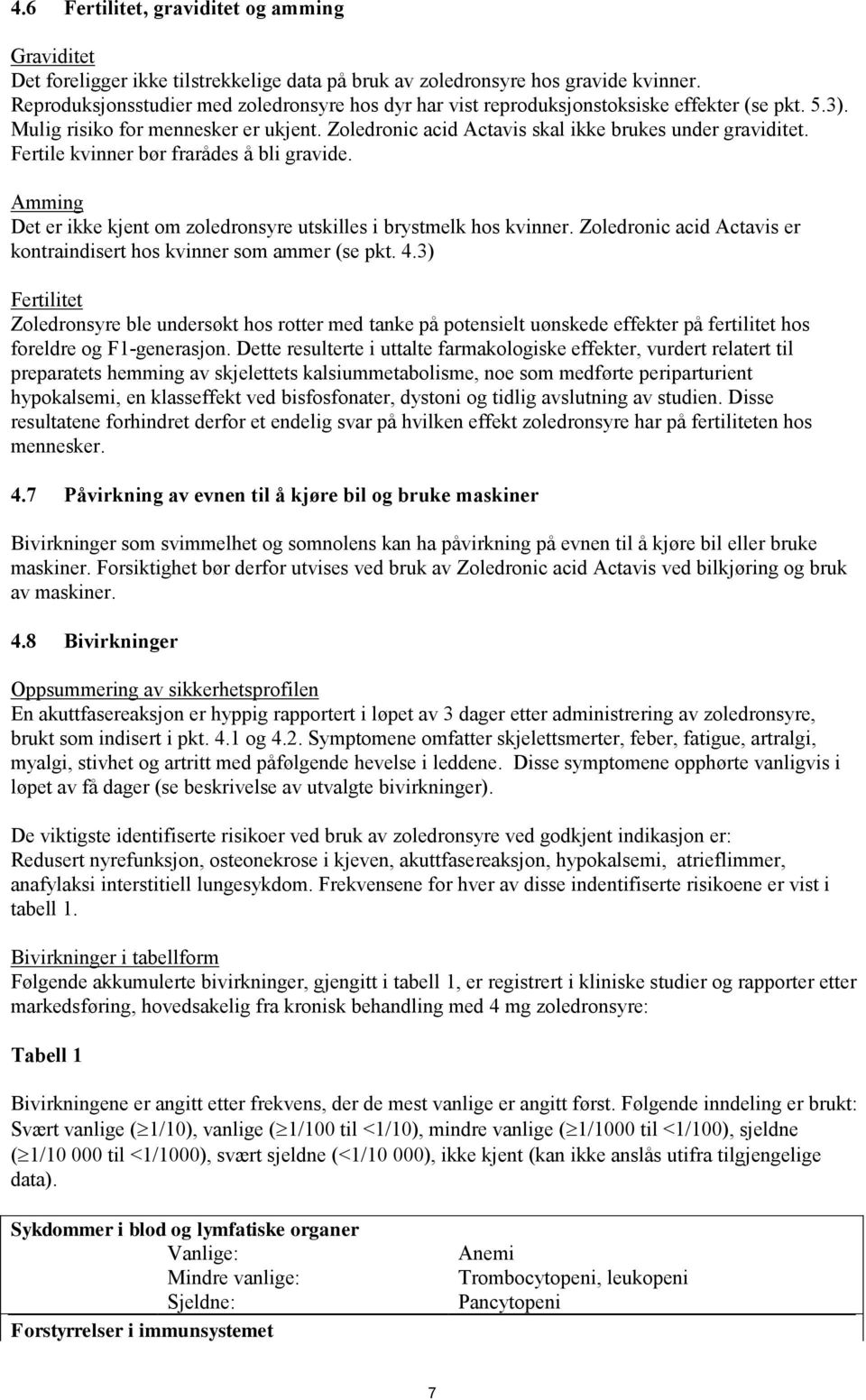 Fertile kvinner bør frarådes å bli gravide. Amming Det er ikke kjent om zoledronsyre utskilles i brystmelk hos kvinner. Zoledronic acid Actavis er kontraindisert hos kvinner som ammer (se pkt. 4.