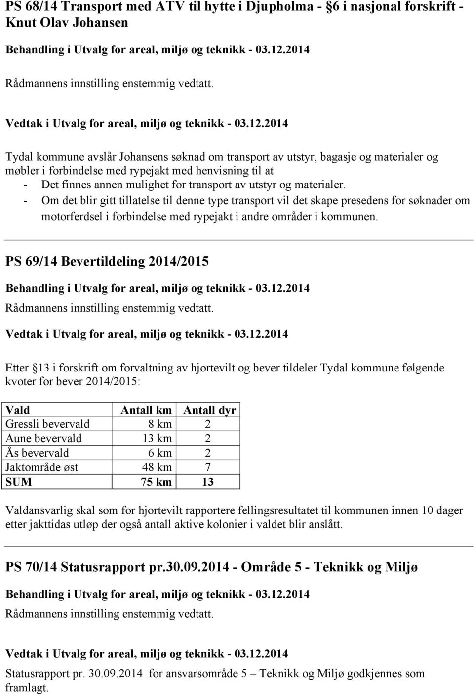 2014 Tydal kommune avslår Johansens søknad om transport av utstyr, bagasje og materialer og møbler i forbindelse med rypejakt med henvisning til at - Det finnes annen mulighet for transport av utstyr