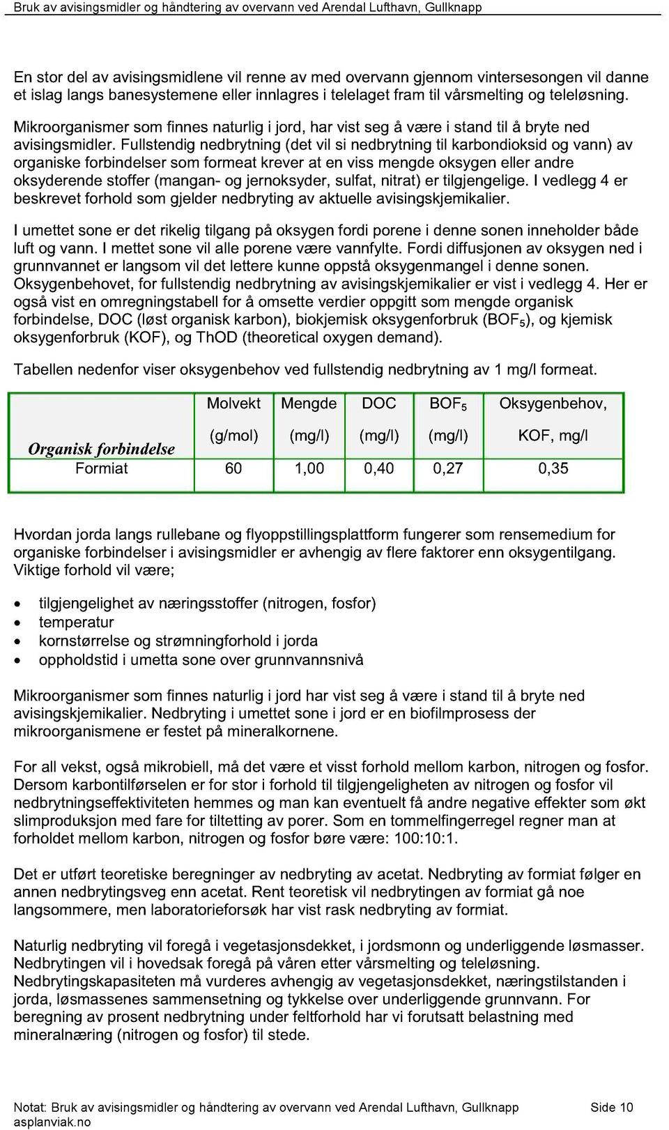 Fullstendig nedbrytning (det vil si nedbrytning til karbondioksid og vann) av organiske forbindelser som formeat krever at en viss mengde oksygen eller andre oksyderende stoffer (mangan- og