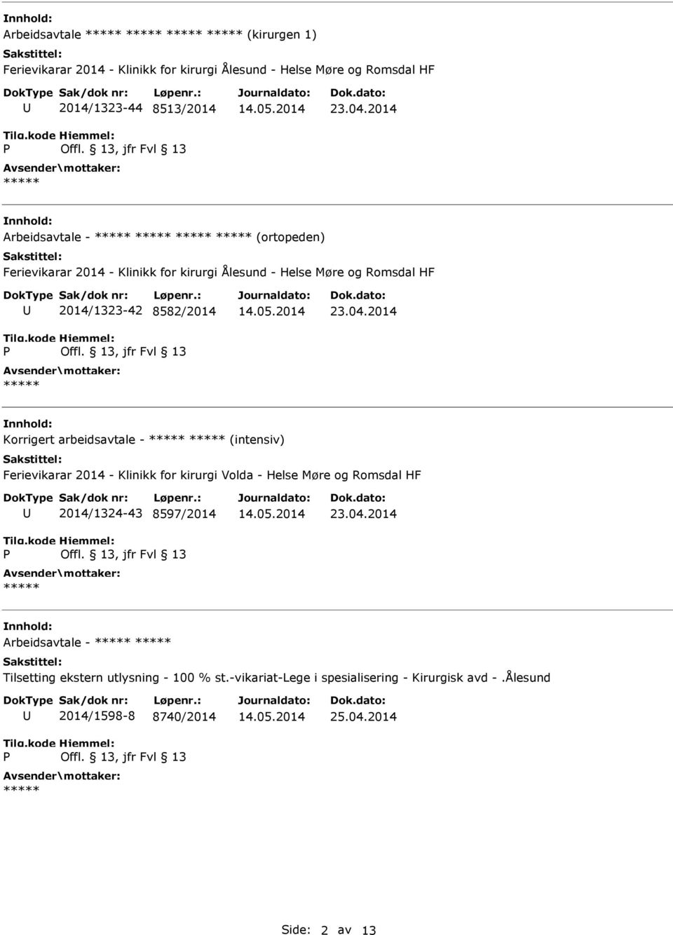 2014 Korrigert arbeidsavtale - (intensiv) Ferievikarar 2014 - Klinikk for kirurgi Volda - Helse Møre og Romsdal HF 2014/1324-43 8597/2014 23.04.