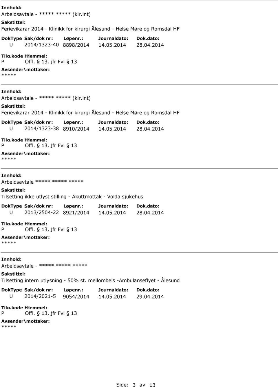 int) Ferievikarar 2014 - Klinikk for kirurgi Ålesund - Helse Møre og Romsdal HF 2014/1323-38 8910/2014 28.04.