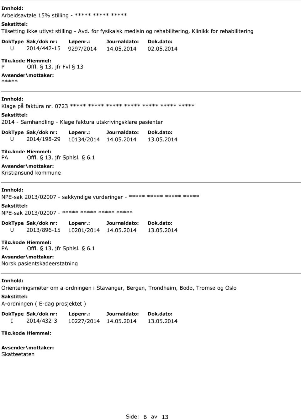 0723 2014 - Samhandling - Klage faktura utskrivingsklare pasienter A 2014/198-29 10134/2014 Kristiansund kommune NE-sak 2013/02007 - sakkyndige