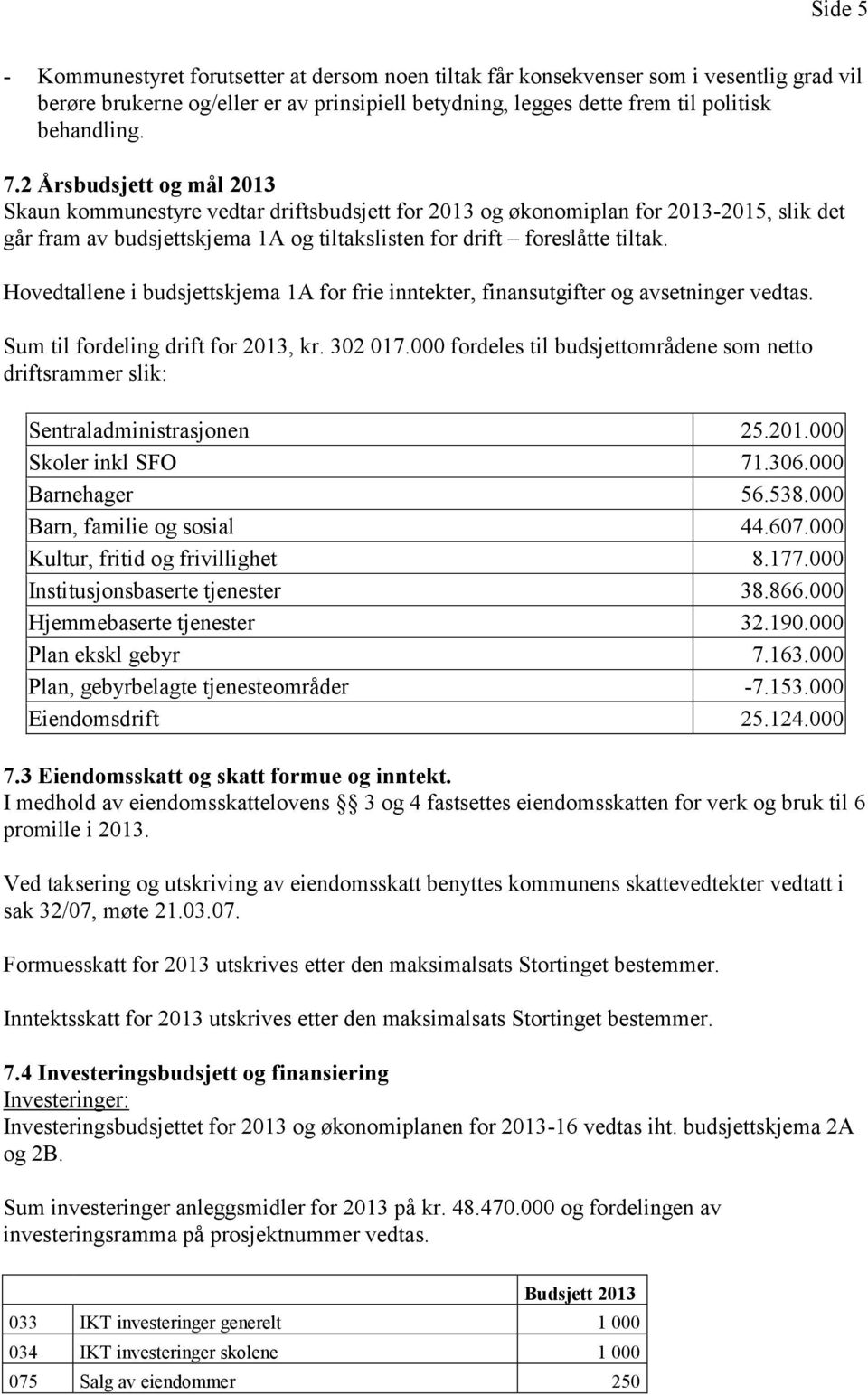 Hovedtallene i budsjettskjema 1A for frie inntekter, finansutgifter og avsetninger vedtas. Sum til fordeling drift for 2013, kr. 302 017.