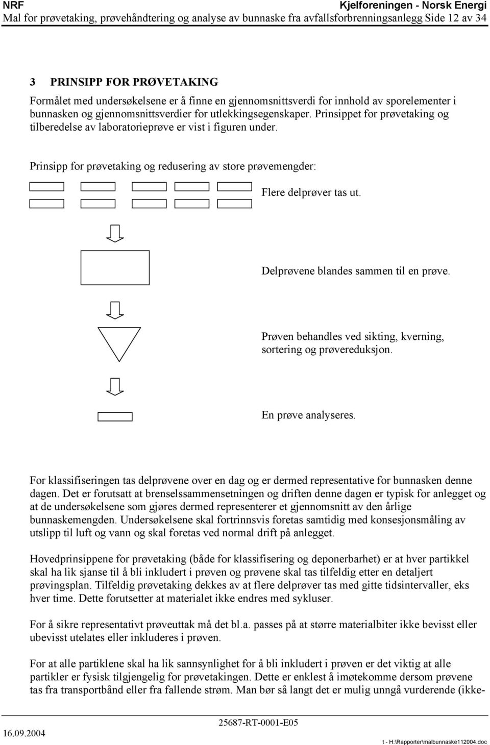 Prinsipp for prøvetaking og redusering av store prøvemengder: Flere delprøver tas ut. Delprøvene blandes sammen til en prøve. Prøven behandles ved sikting, kverning, sortering og prøvereduksjon.