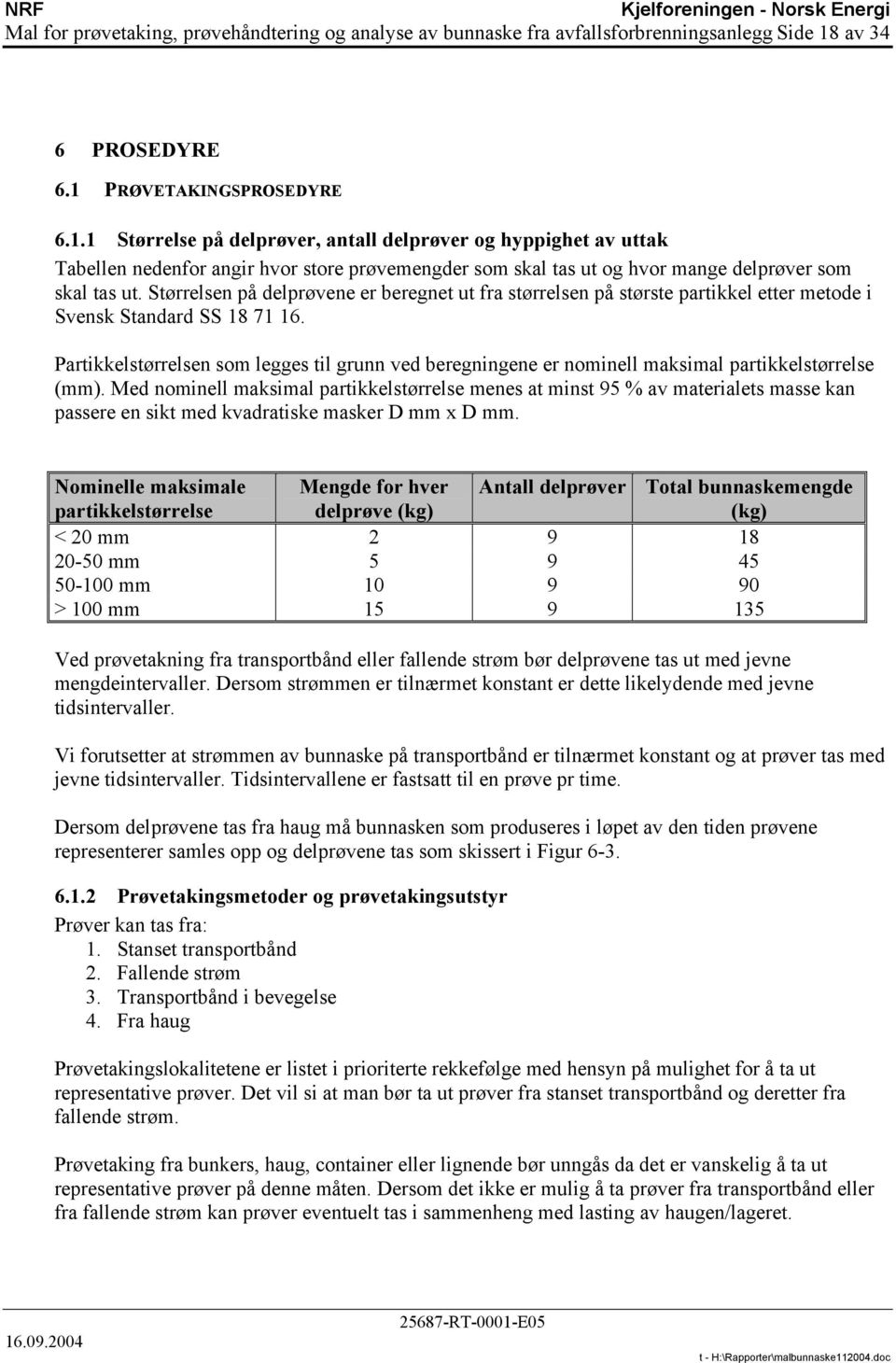 Størrelsen på delprøvene er beregnet ut fra størrelsen på største partikkel etter metode i Svensk Standard SS 18 71 16.