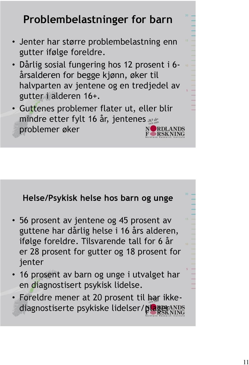 Guttenes problemer flater ut, eller blir mindre etter fylt 16 år, jentenes problemer øker Helse/Psykisk helse hos barn og unge 56 prosent av jentene og 45 prosent av guttene