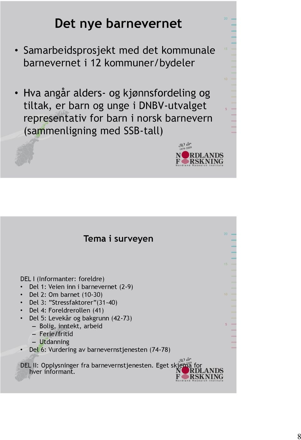 i barnevernet (2-9) Del 2: Om barnet (10-30) Del 3: Stressfaktorer (31-40) Del 4: Foreldrerollen (41) Del 5: Levekår og bakgrunn (42-73) Bolig, inntekt,