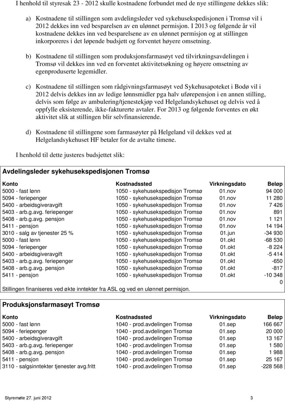 I 213 og følgende år vil kostnadene dekkes inn ved besparelsene av en ulønnet permisjon og at stillingen inkorporeres i det løpende budsjett og forventet høyere omsetning.