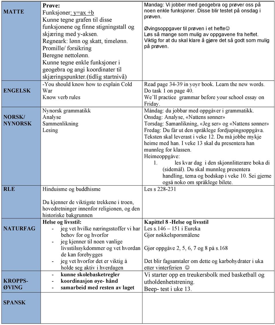 (tidlig startnivå) -You should know how to explain Cold War Know verb rules Nynorsk grammatikk Analyse Sammenlikning Lesing Hinduisme og buddhisme Mandag: Vi jobber med geogebra og prøver oss på noen