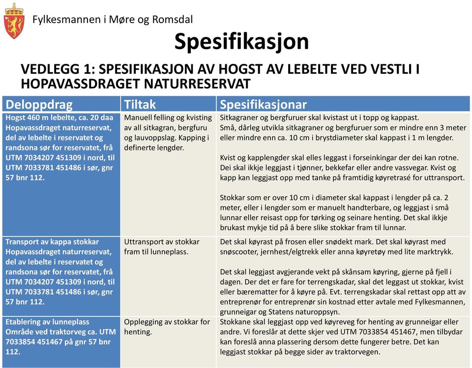 Manuell felling og kvisting av all sitkagran, bergfuru og lauvoppslag. Kapping i definerte lengder. Sitkagraner og bergfuruer skal kvistast ut i topp og kappast.