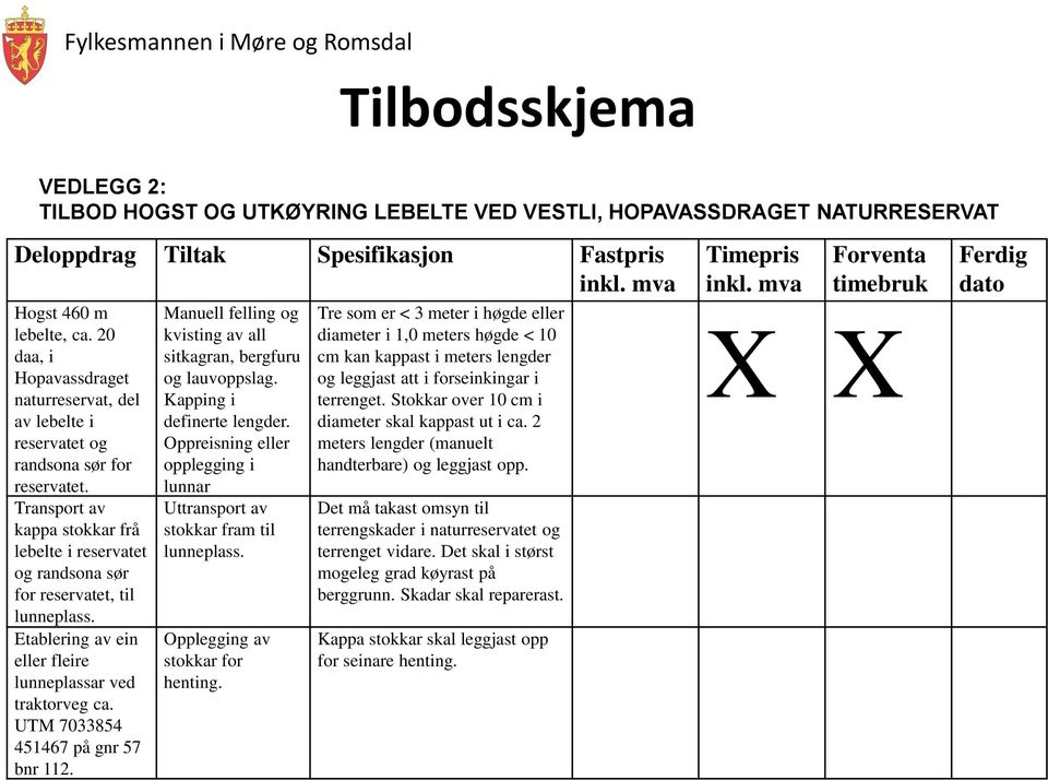 Etablering av ein eller fleire lunneplassar ved traktorveg ca. UTM 7033854 451467 på gnr 57 bnr 112. Manuell felling og kvisting av all sitkagran, bergfuru og lauvoppslag. Kapping i definerte lengder.