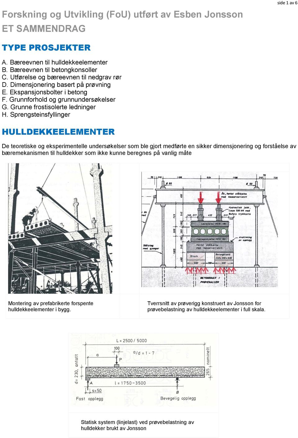 Sprengsteinsfyllinger HULLDEKKEELEMENTER De teoretiske og eksperimentelle undersøkelser som ble gjort medførte en sikker dimensjonering og forståelse av bæremekanismen til hulldekker som ikke kunne