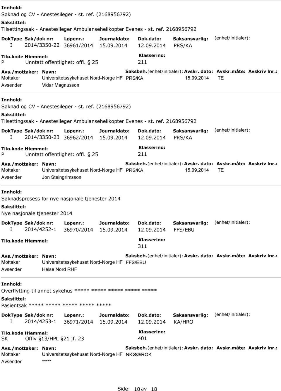 : Mottaker niversitetssykehuset Nord-Norge HF TE Jon Steingrimsson Søknadsprosess for nye nasjonale tjenester 2014 Nye nasjonale tjenester 2014 2014/4252-1 36970/2014 FFS/EB 311 Avs.