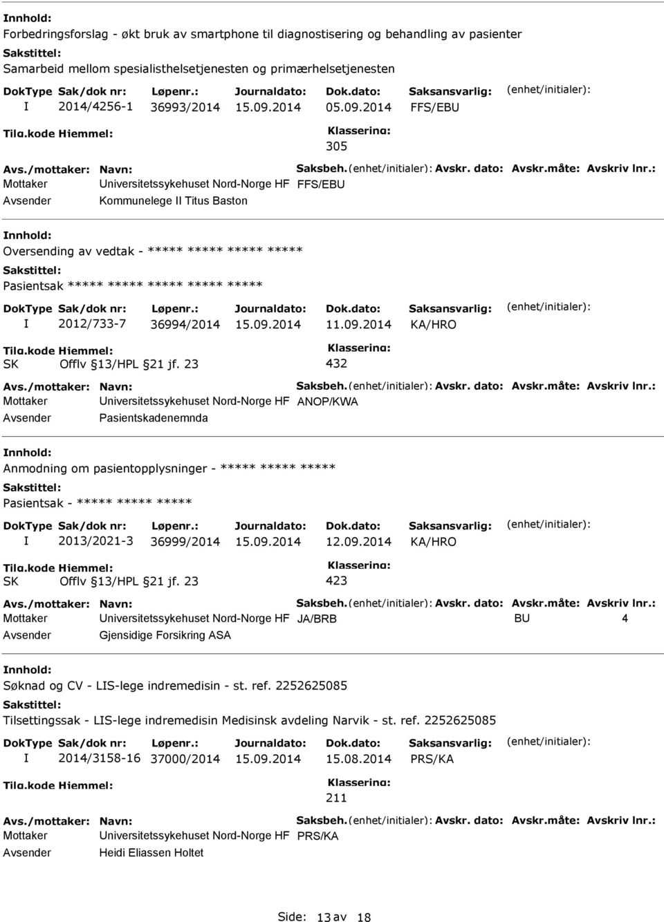 : Mottaker niversitetssykehuset Nord-Norge HF FFS/EB Kommunelege Titus Baston Oversending av vedtak - ***** ***** ***** ***** asientsak ***** ***** ***** ***** ***** 2012/733-7 36994/2014 11.09.