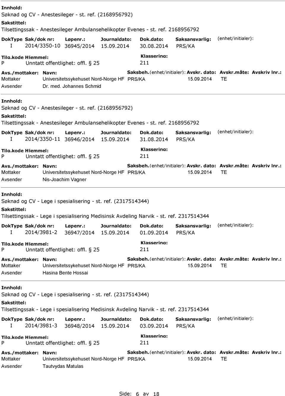 : Mottaker niversitetssykehuset Nord-Norge HF TE Nis-Joachim Vagner Søknad og CV - Lege i spesialisering - st. ref. (2317514344) Tilsettingssak - Lege i spesialisering Medisinsk Avdeling Narvik - st.