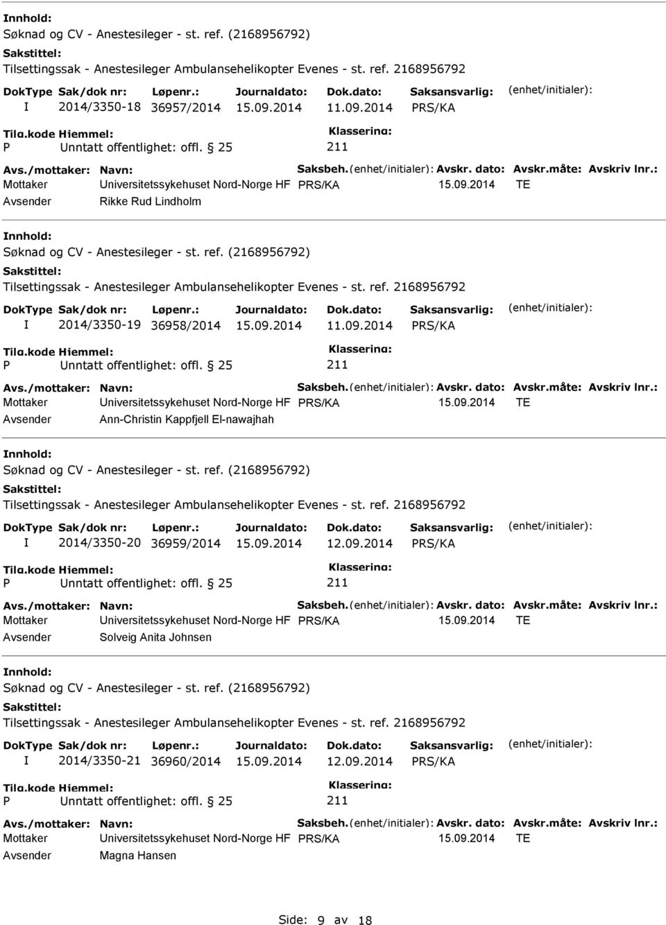 : Mottaker niversitetssykehuset Nord-Norge HF TE Ann-Christin Kappfjell El-nawajhah 2014/3350-20 36959/2014 Avs./mottaker: Navn: Saksbeh. Avskr. dato: Avskr.