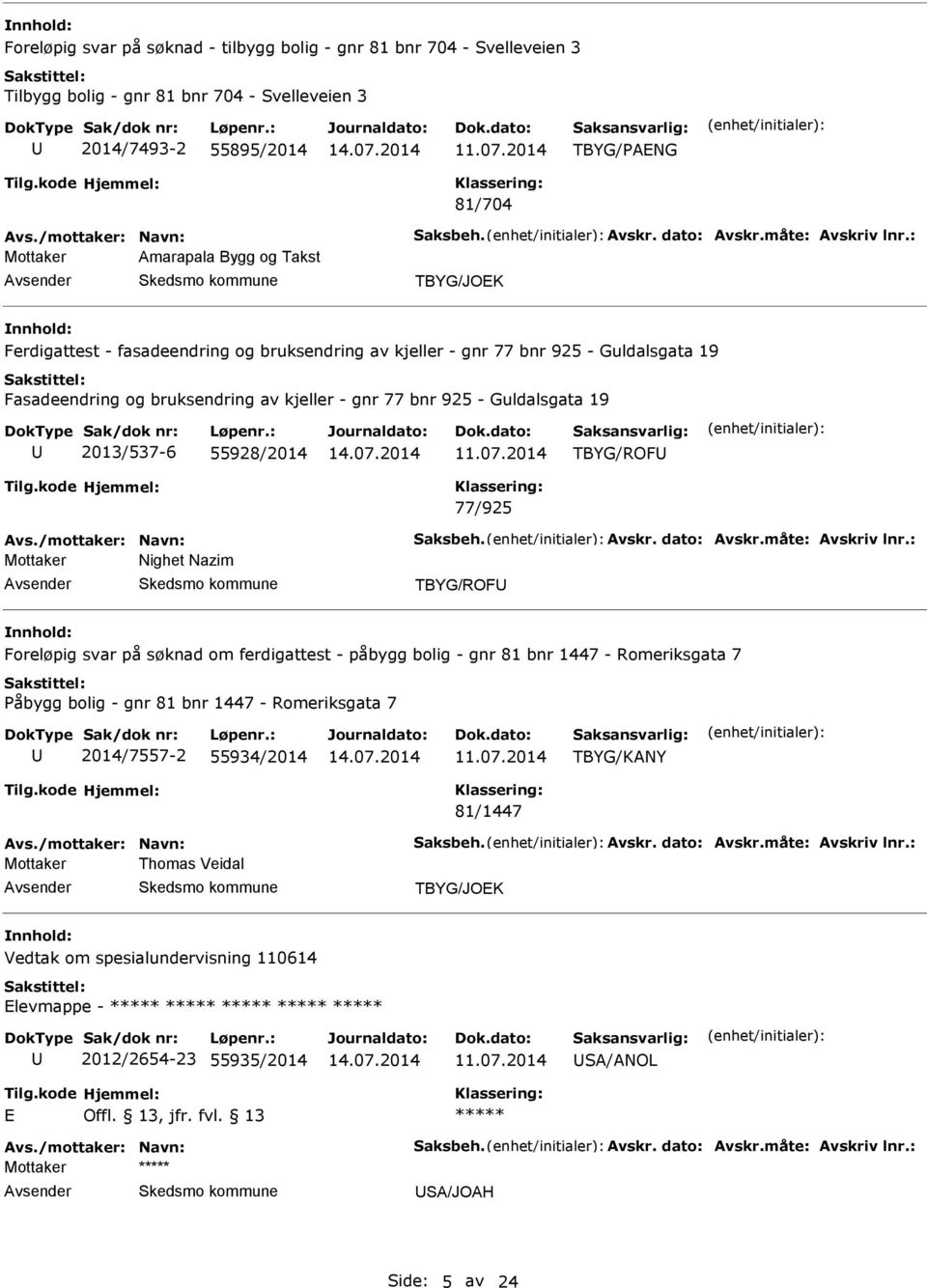 : Mottaker marapala Bygg og Takst TBYG/JOEK Ferdigattest - fasadeendring og bruksendring av kjeller - gnr 77 bnr 925 - Guldalsgata 19 Fasadeendring og bruksendring av kjeller - gnr 77 bnr 925 -