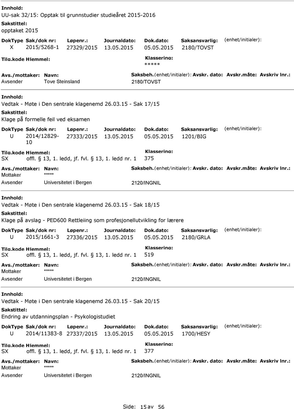 /mottaker: avn: Saksbeh. Avskr. dato: Avskr.måte: Avskriv lnr.: Mottaker niversitetet i Bergen 2120/GL Vedtak - Møte i Den sentrale klagenemd 26.03.